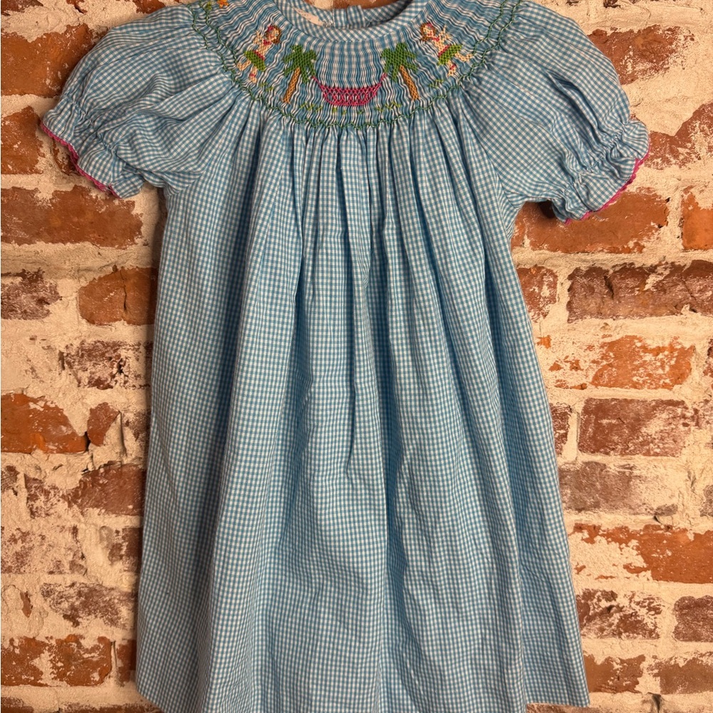 Silly Goose Smocked Blue Gingham Hula Girl Dress 18M Palm Tree Tropical